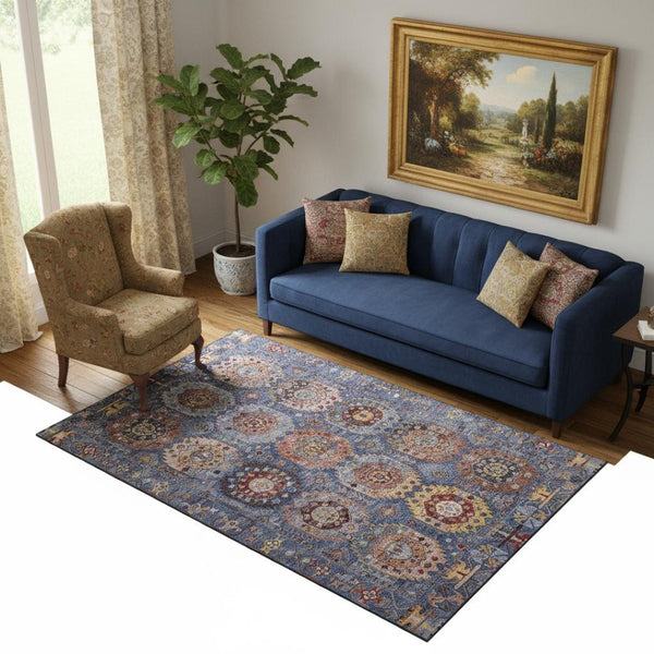 HomeRoots 8' Denim Blue & Merlot Medallion Washable Round Rug - UV Protected, Stain-Resistant, Non-Slip Design 714922