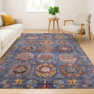 HomeRoots 8' Denim Blue & Merlot Medallion Washable Round Rug - UV Protected, Stain-Resistant, Non-Slip Design 714922