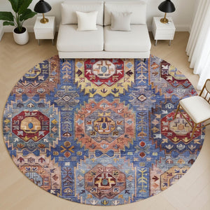 HomeRoots 8' X 10' Denim Blue & Merlot Washable Area Rug - Stain Resistant, UV Protected, Ideal for High-Traffic Areas 714923