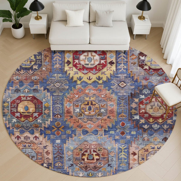 HomeRoots 8' X 10' Denim Blue & Merlot Washable Area Rug - Stain Resistant, UV Protected, Ideal for High-Traffic Areas 714923