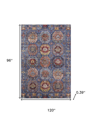 HomeRoots 9' X 12' Denim Blue & Merlot Medallion Area Rug - Washable, Stain-Resistant, UV Protected, Durable! 714924