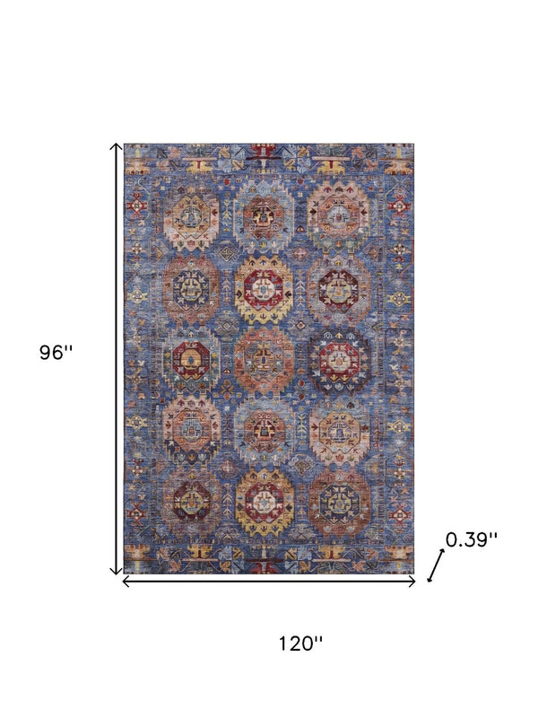 HomeRoots 9' X 12' Denim Blue & Merlot Medallion Area Rug - Washable, Stain-Resistant, UV Protected, Durable! 714924