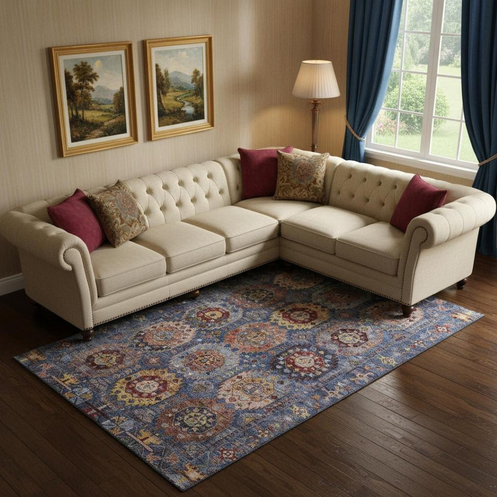 HomeRoots 10' X 14' Denim Blue Medallion Area Rug with Merlot Tones – Washable, UV Protected, and Durable 714925