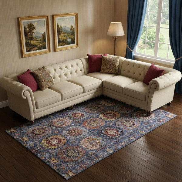 HomeRoots 10' X 14' Denim Blue Medallion Area Rug with Merlot Tones – Washable, UV Protected, and Durable 714925