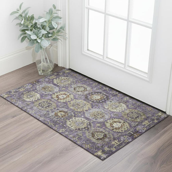 HomeRoots 5' X 8' Stylish Eggplant & Green Medallion Area Rug – Washable, UV Protected, Stain Resistant Design! 714927