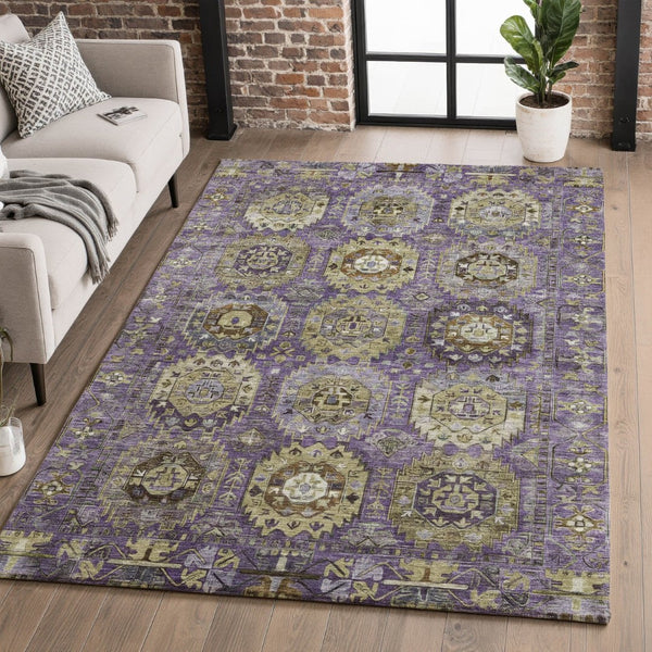 HomeRoots 8' Eggplant & Green Medallion Washable Round Rug - Stain-Resistant, UV-Protected for Busy Homes 714928