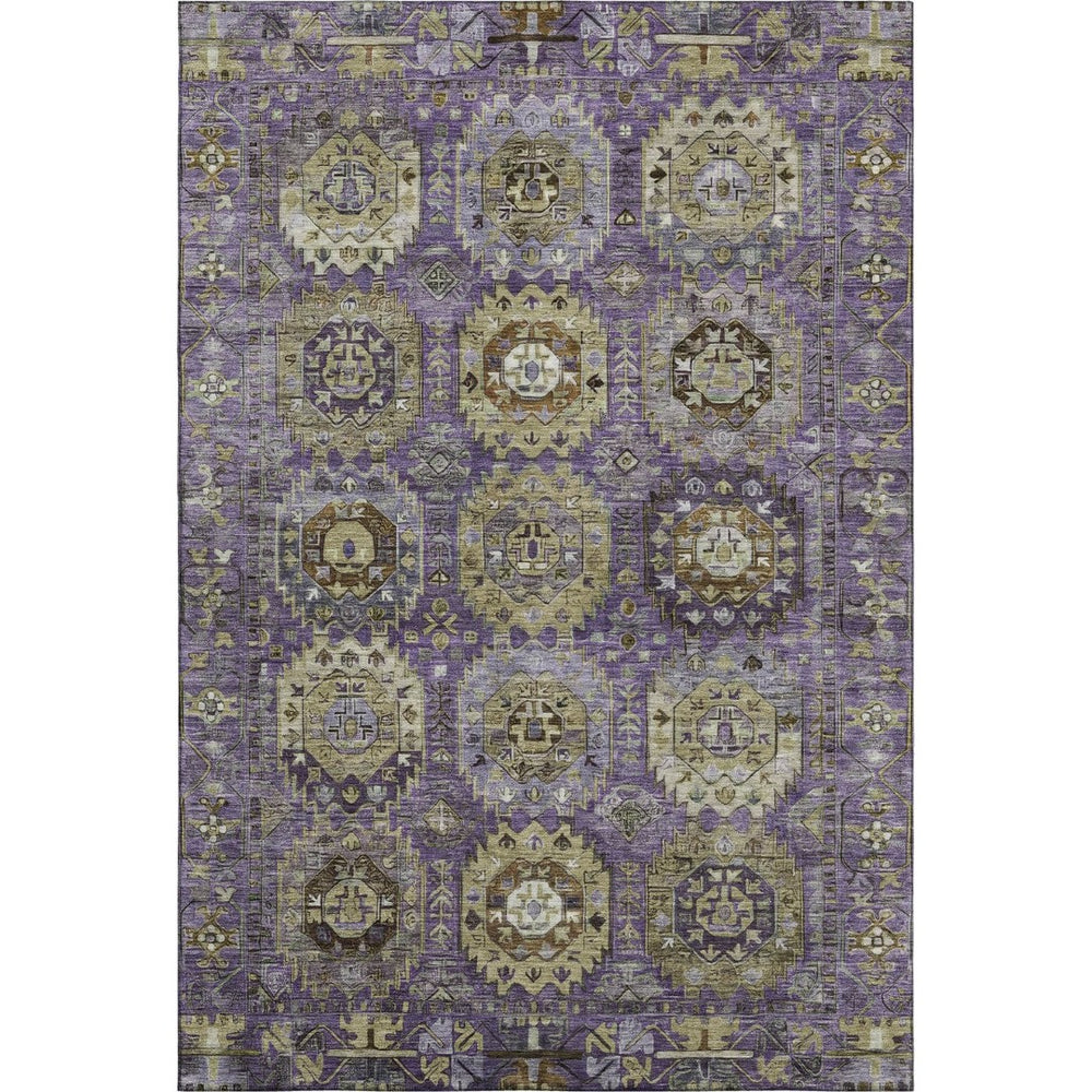 HomeRoots 8' Eggplant & Green Medallion Washable Round Rug - Stain-Resistant, UV-Protected for Busy Homes 714928