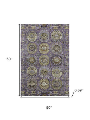 HomeRoots 8' Eggplant & Green Medallion Washable Round Rug - Stain-Resistant, UV-Protected for Busy Homes 714928