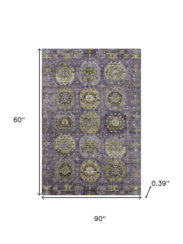 HomeRoots 8' Eggplant & Green Medallion Washable Round Rug - Stain-Resistant, UV-Protected for Busy Homes 714928