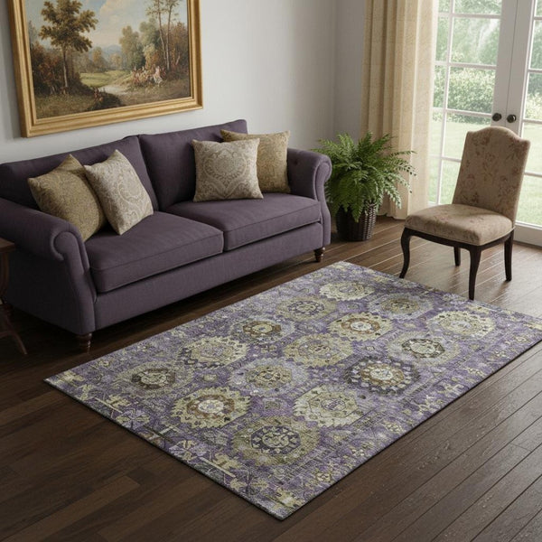 HomeRoots 8' Eggplant & Green Medallion Washable Round Rug - Stain-Resistant, UV-Protected for Busy Homes 714928