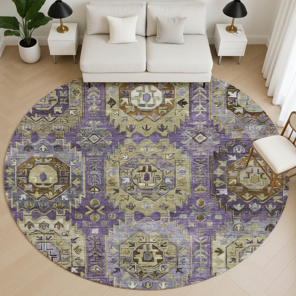 HomeRoots 8' X 10' Elegant Eggplant & Green Medallion Area Rug - Washable, UV Protected, Stain Resistant 714929