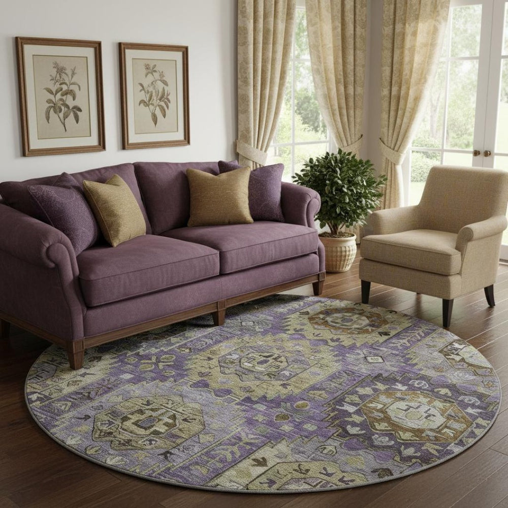 HomeRoots 8' X 10' Elegant Eggplant & Green Medallion Area Rug - Washable, UV Protected, Stain Resistant 714929