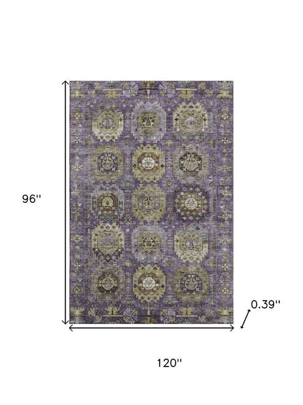 HomeRoots 9' X 12' Eggplant & Green Medallion Washable Area Rug - UV Protected, Stain Resistant, Durable Design 714930