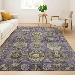 HomeRoots 9' X 12' Eggplant & Green Medallion Washable Area Rug - UV Protected, Stain Resistant, Durable Design 714930