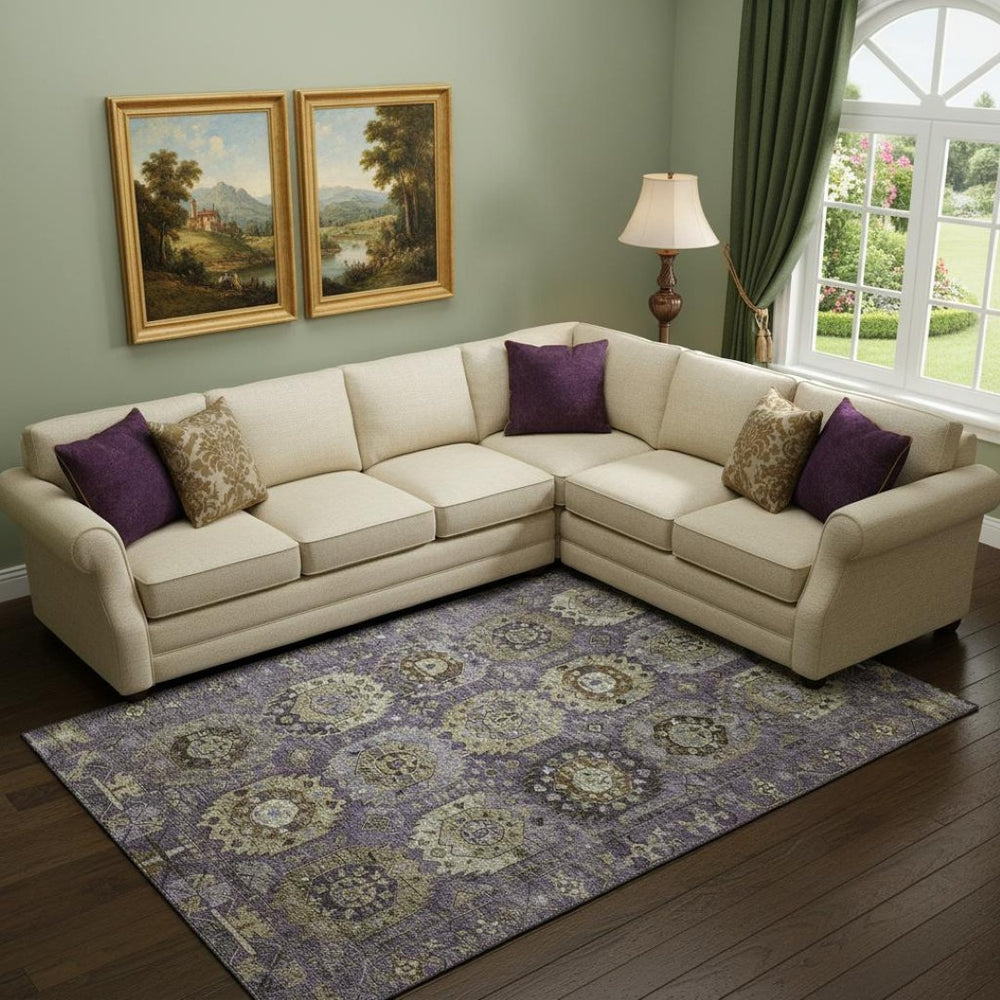 HomeRoots 10' X 14' Eggplant and Green Medallion Area Rug - Washable, UV Protected, Soft & Stylish for Homes 714931