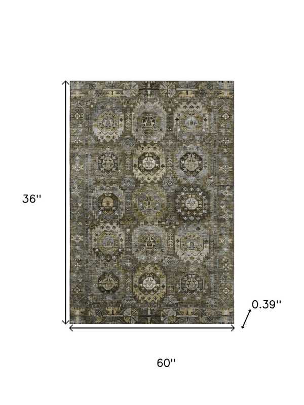 HomeRoots 5' X 8' Coffee Medallion Area Rug - Washable, UV-Protected, Durable & Stylish for High-Traffic Areas 714933