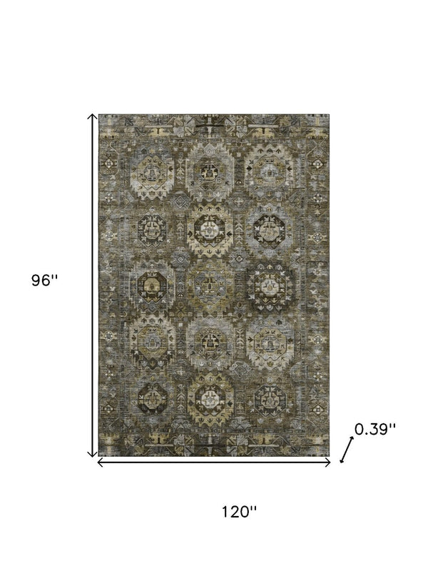 HomeRoots 9' X 12' Washable Coffee & Charcoal Medallion Area Rug with UV Protection for Busy Households 714936