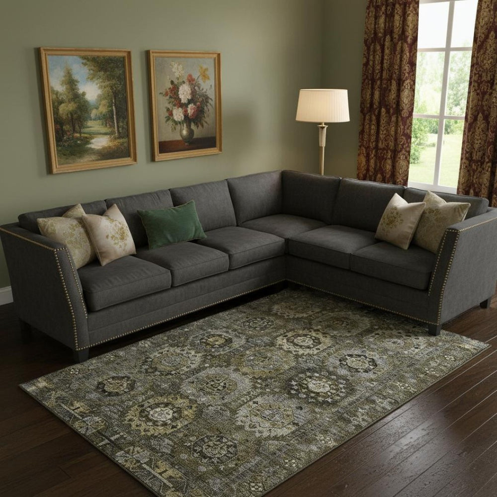 HomeRoots 9' X 12' Washable Coffee & Charcoal Medallion Area Rug with UV Protection for Busy Households 714936