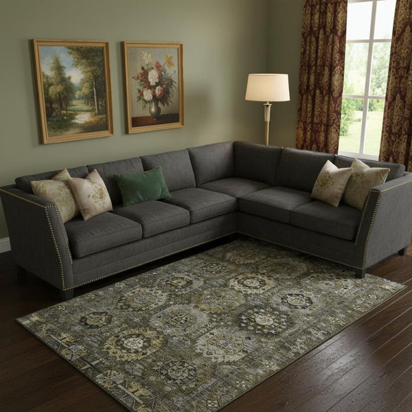 HomeRoots 9' X 12' Washable Coffee & Charcoal Medallion Area Rug with UV Protection for Busy Households 714936