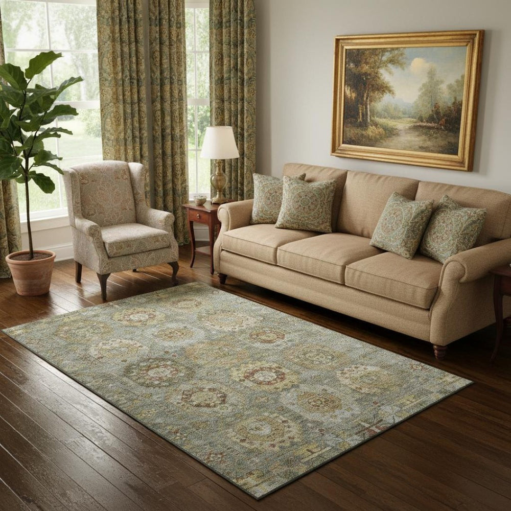 HomeRoots 8' Sage and Beige Medallion Round Rug - Washable, Stain Resistant, UV Protected for High Traffic Areas 714940