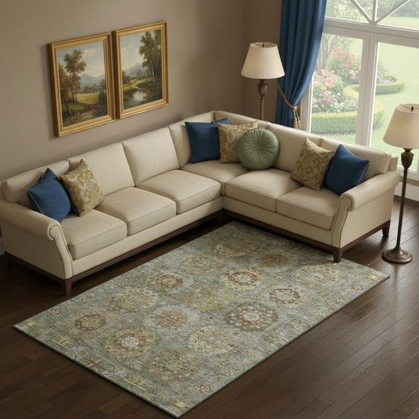 HomeRoots 9' X 12' Sage and Beige Medallion Area Rug - Washable, UV Protected, Soft, Durable for Homes with Pets 714942