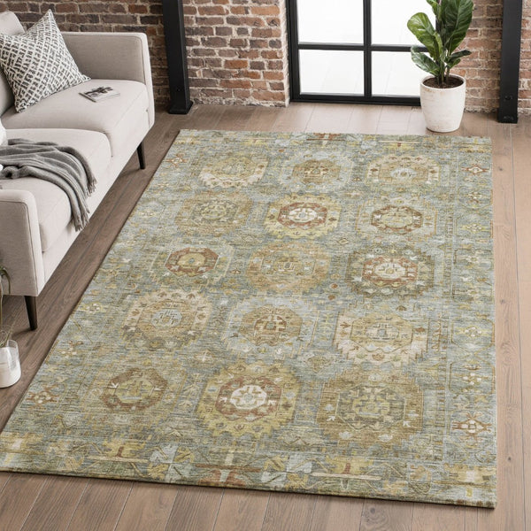 HomeRoots 10' X 14' Sage and Beige Medallion Area Rug - Washable, Stain-Resistant, UV Protected for Durability 714943