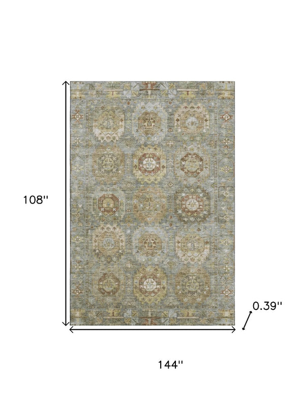 HomeRoots 10' X 14' Sage and Beige Medallion Area Rug - Washable, Stain-Resistant, UV Protected for Durability 714943