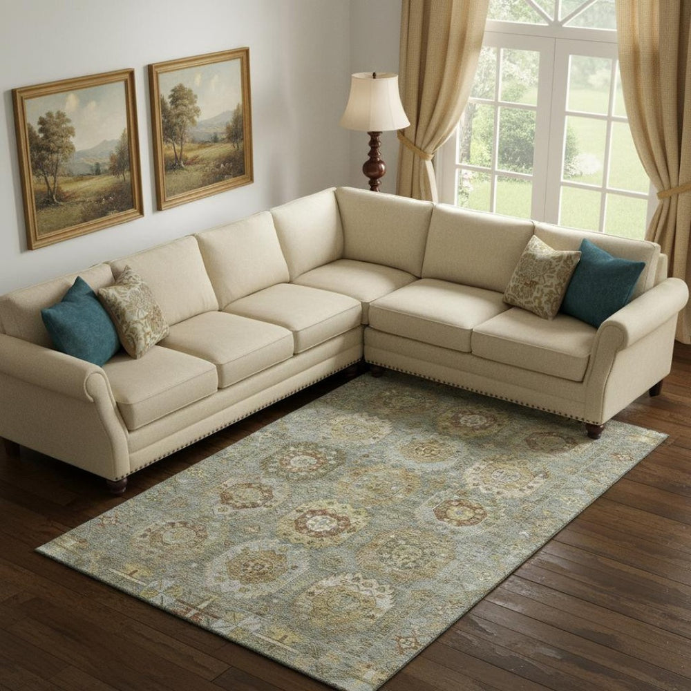 HomeRoots 10' X 14' Sage and Beige Medallion Area Rug - Washable, Stain-Resistant, UV Protected for Durability 714943