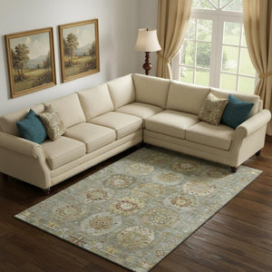 HomeRoots 10' X 14' Sage and Beige Medallion Area Rug - Washable, Stain-Resistant, UV Protected for Durability 714943