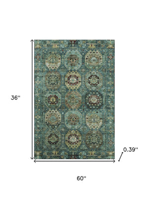 HomeRoots 5' X 8' Teal and Brown Medallion Area Rug – Washable, UV-Protected, Perfect for High-Traffic Spaces! 714945