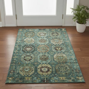 HomeRoots 5' X 8' Teal and Brown Medallion Area Rug – Washable, UV-Protected, Perfect for High-Traffic Spaces! 714945