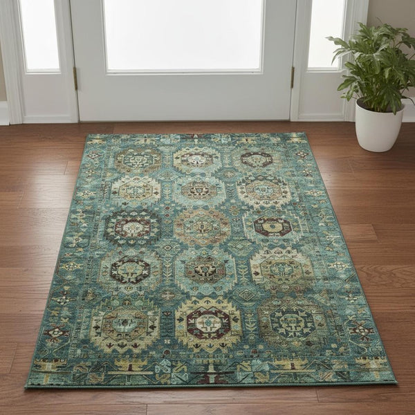 HomeRoots 5' X 8' Teal and Brown Medallion Area Rug – Washable, UV-Protected, Perfect for High-Traffic Spaces! 714945