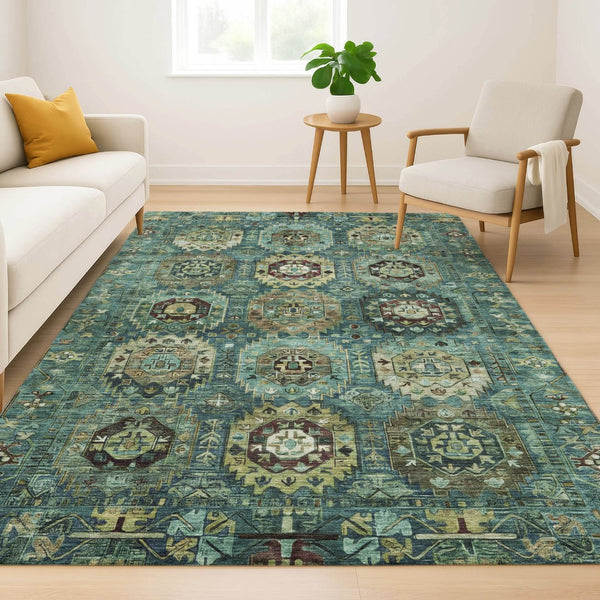 HomeRoots 5' X 8' Teal and Brown Medallion Area Rug – Washable, UV-Protected, Perfect for High-Traffic Spaces! 714945