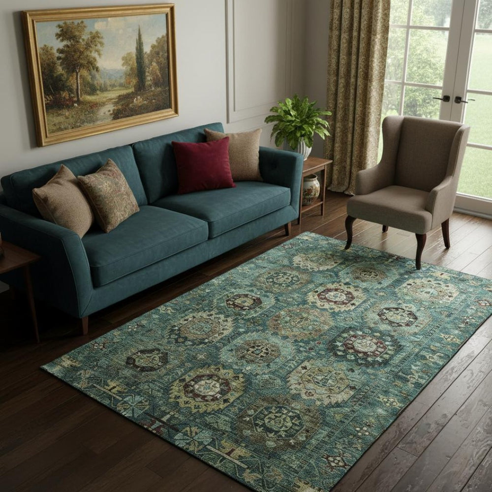 HomeRoots 8' Teal And Brown Medallion Round Rug - Washable, UV Protected, Durable for Busy Homes & Pets 714946