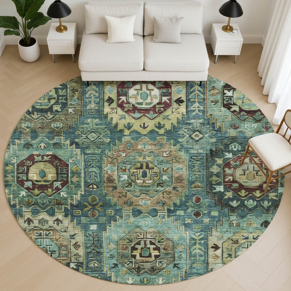 HomeRoots 8' X 10' Teal & Brown Medallion Area Rug – Washable, UV Protected, Stain Resistant for Homes! 714947