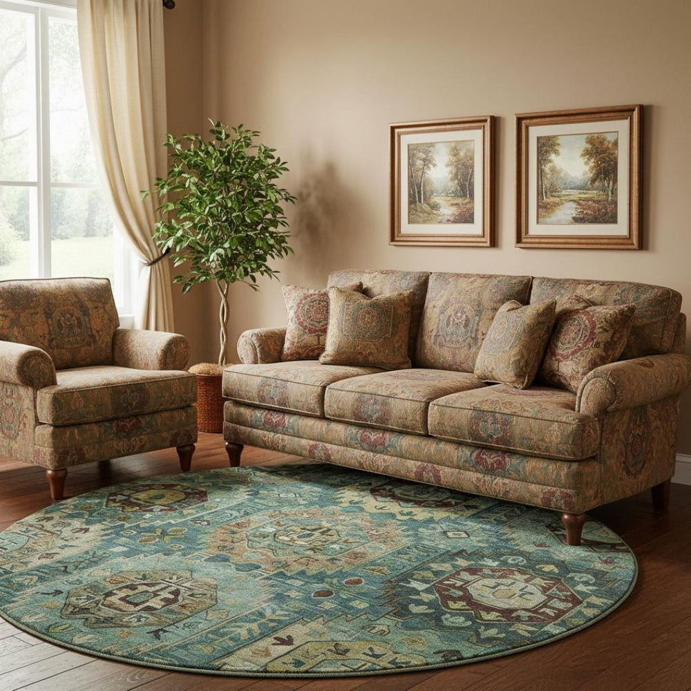 HomeRoots 8' X 10' Teal & Brown Medallion Area Rug – Washable, UV Protected, Stain Resistant for Homes! 714947