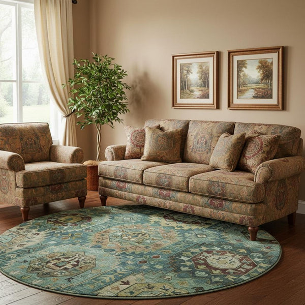 HomeRoots 8' X 10' Teal & Brown Medallion Area Rug – Washable, UV Protected, Stain Resistant for Homes! 714947