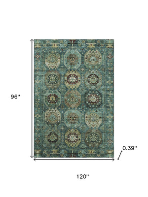 HomeRoots 9' X 12' Teal and Brown Medallion Washable Area Rug - Stain-Resistant, UV Protected, Durable Design 714948