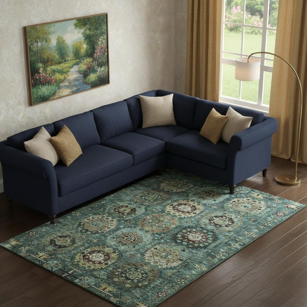 HomeRoots 9' X 12' Teal and Brown Medallion Washable Area Rug - Stain-Resistant, UV Protected, Durable Design 714948