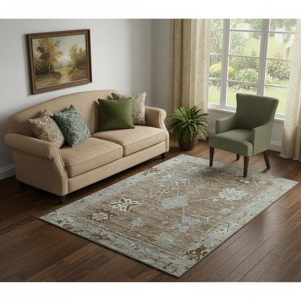 HomeRoots 8' Brown and Gray Oriental Washable Round Rug with UV Protection – Durable, Stylish & Easy Care! 714952