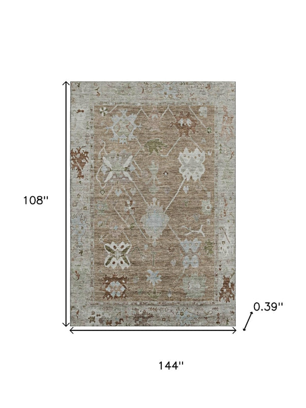 HomeRoots 10' X 14' Brown and Gray Washable Oriental Area Rug with UV Protection for High-Traffic Spaces 714955