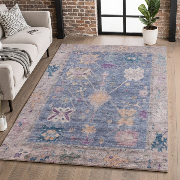 HomeRoots 8' Blue and Purple Oriental Washable Round Rug - Stain Resistant, UV Protected, Durable Design 714958
