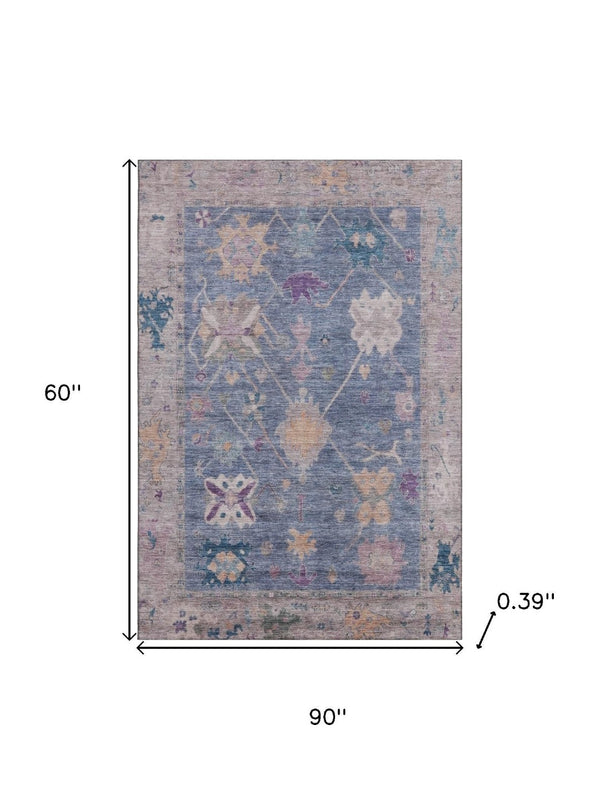 HomeRoots 8' Blue and Purple Oriental Washable Round Rug - Stain Resistant, UV Protected, Durable Design 714958