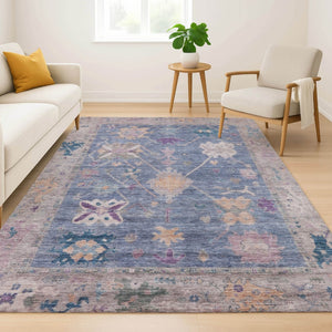 HomeRoots 8' Blue and Purple Oriental Washable Round Rug - Stain Resistant, UV Protected, Durable Design 714958