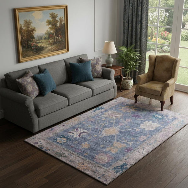 HomeRoots 8' Blue and Purple Oriental Washable Round Rug - Stain Resistant, UV Protected, Durable Design 714958