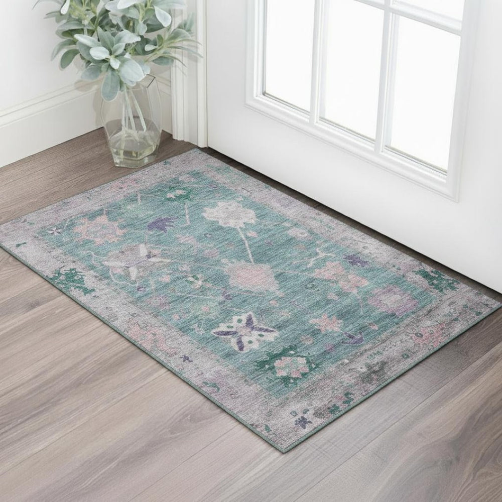 HomeRoots 5' X 8' Green and Purple Oriental Area Rug – Washable, UV Protected, Stylish, Durable for Any Room 714963