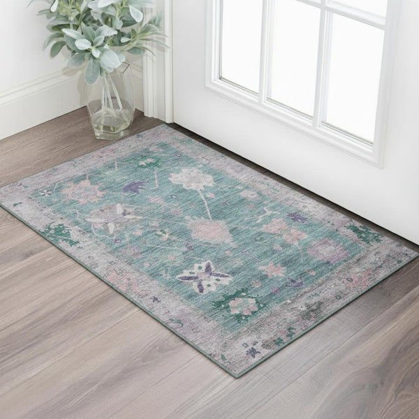 HomeRoots 5' X 8' Green and Purple Oriental Area Rug – Washable, UV Protected, Stylish, Durable for Any Room 714963