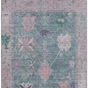 HomeRoots 8' Bold Green and Purple Oriental Washable Round Rug - UV Protection, Stain-Resistant, Durable Design! 714964