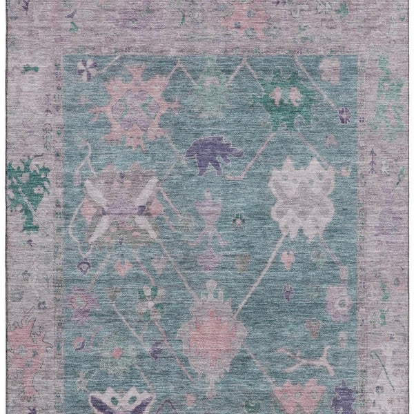 HomeRoots 8' Bold Green and Purple Oriental Washable Round Rug - UV Protection, Stain-Resistant, Durable Design! 714964