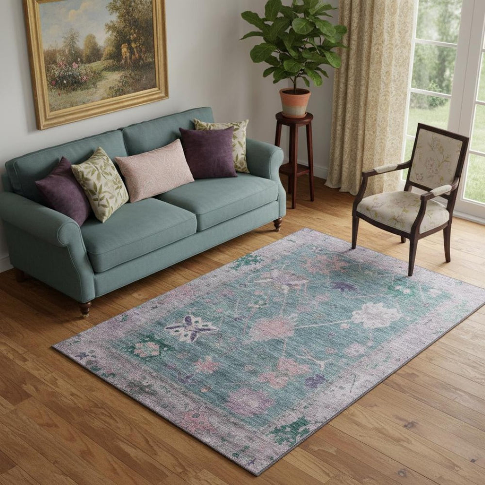 HomeRoots 8' Bold Green and Purple Oriental Washable Round Rug - UV Protection, Stain-Resistant, Durable Design! 714964